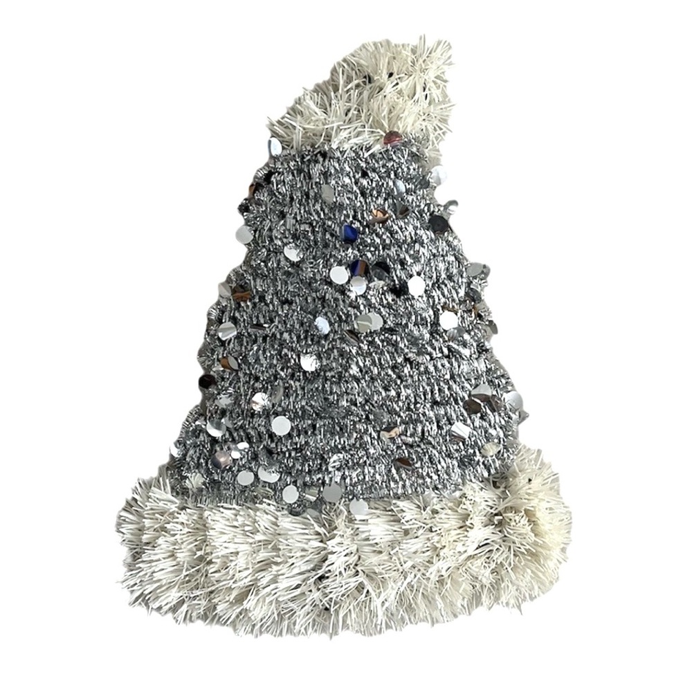 Santa Hat Window Decoration Silver Tinsel Holiday Christmas 13 Inch